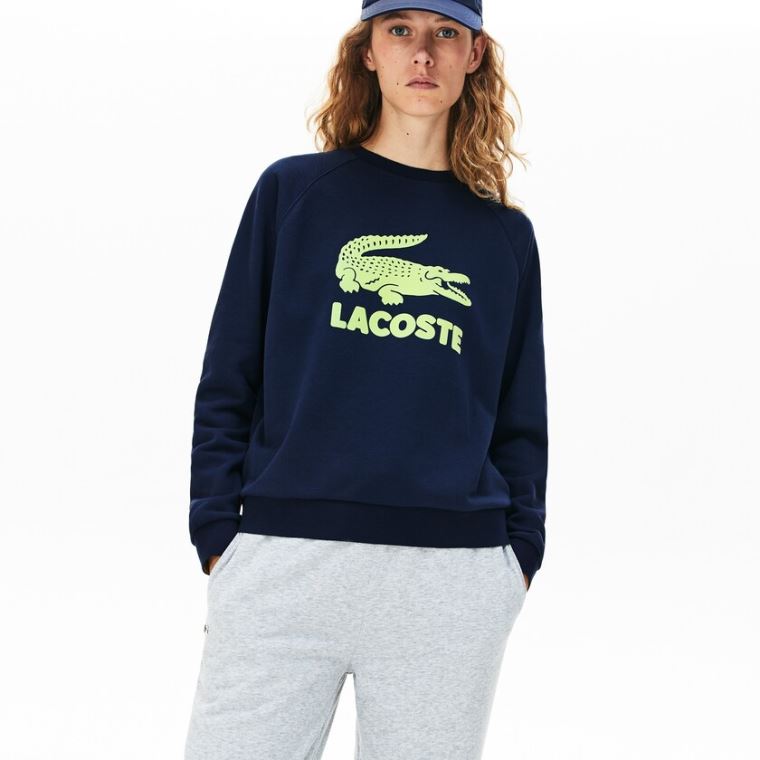 Lacoste Printed Fleece Sweatshirt Mørkeblå Blå Gul | VUqxhPbT