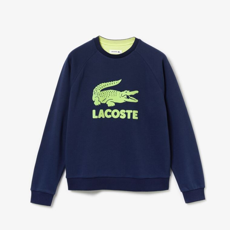 Lacoste Printed Fleece Sweatshirt Mørkeblå Blå Gul | VUqxhPbT