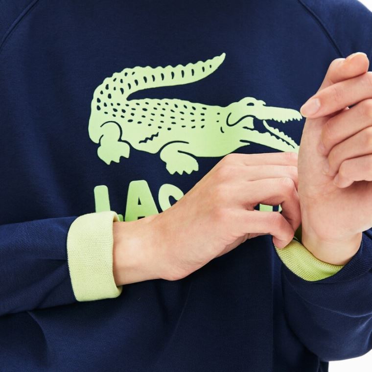 Lacoste Printed Fleece Sweatshirt Mørkeblå Blå Gul | VUqxhPbT