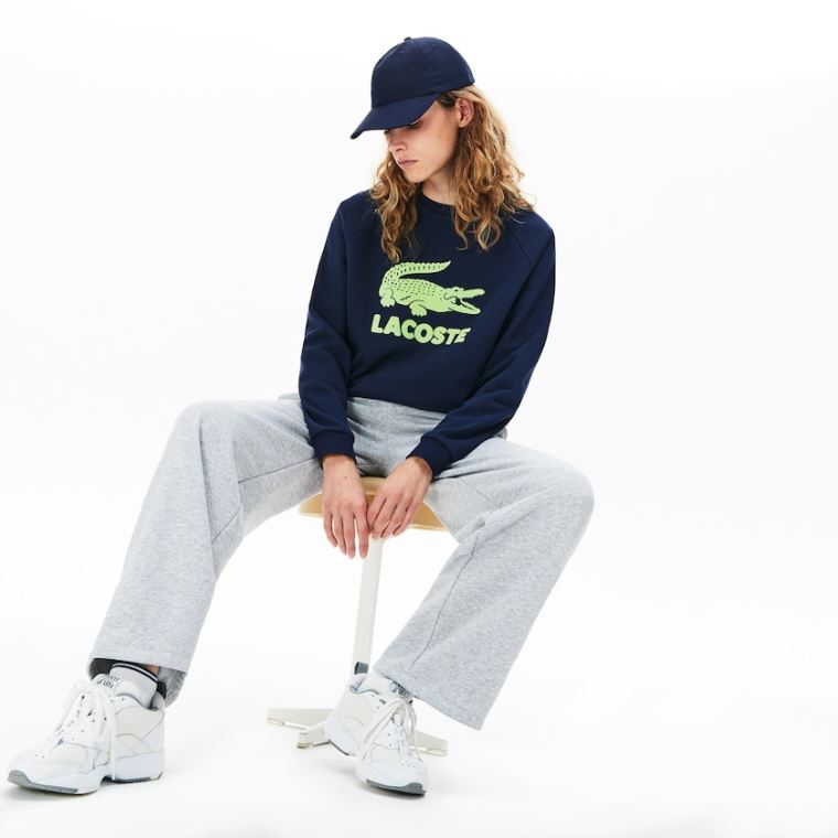 Lacoste Printed Fleece Sweatshirt Mørkeblå Blå Gul | VUqxhPbT