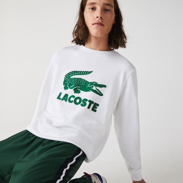 Lacoste Printed Logo Fleece Crew Neck Sweatshirt Hvide | ENEbSbNp