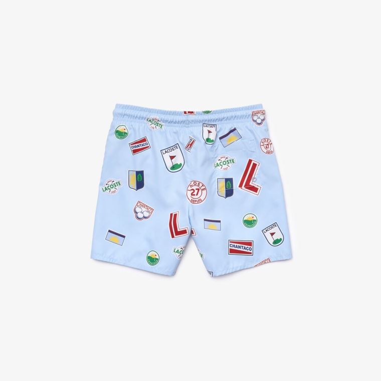 Lacoste Quick-Drying Badge-Print Swim Trunks Blå Hvide | jIw7i7vE