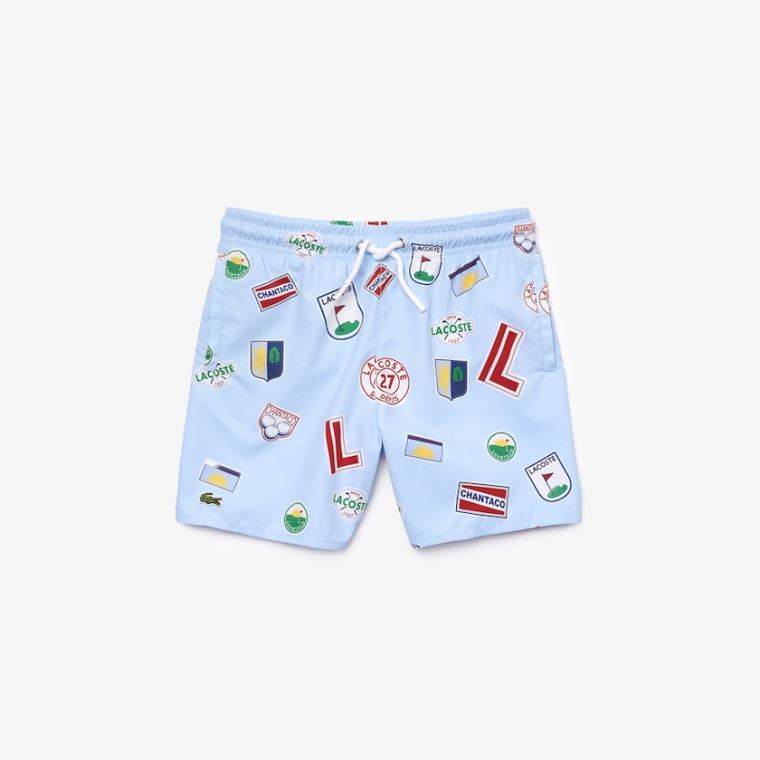 Lacoste Quick-Drying Badge-Print Swim Trunks Blå Hvide | jIw7i7vE