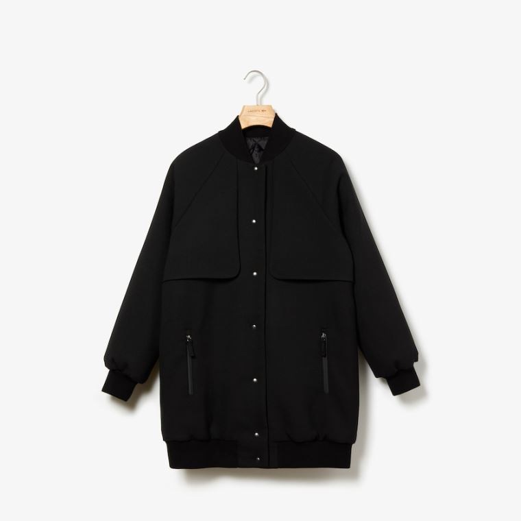 Lacoste Quilted Lining Long Wool Crepe Bomber Jacket Sort | 2h9c9RRX