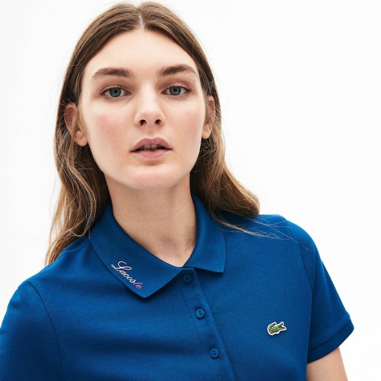 Lacoste Rainbow Script Collar Polo Blå | 85XNGwie