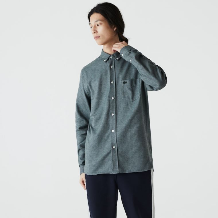 Lacoste Regular Fit Brushed Effect Bomulds Shirt Grøn Blå | UNRheKq6