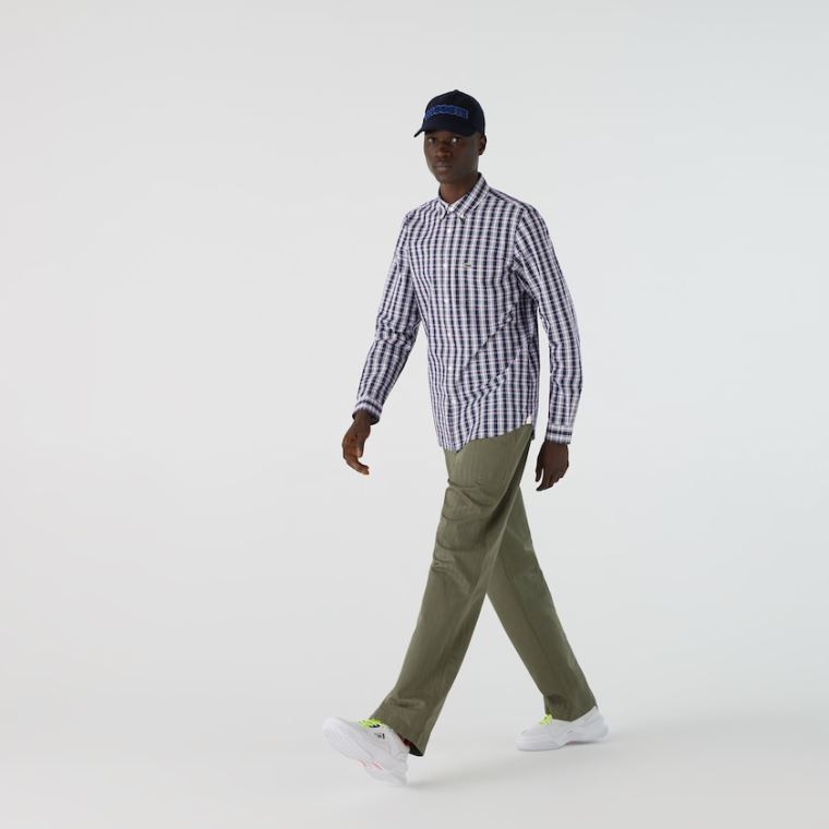 Lacoste Regular Fit Checked Bomulds Poplin Shirt Mørkeblå Blå Hvide Grøn | Ht7ZMfaX