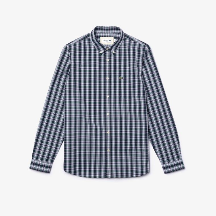 Lacoste Regular Fit Checked Bomulds Poplin Shirt Mørkeblå Blå Hvide Grøn | Ht7ZMfaX