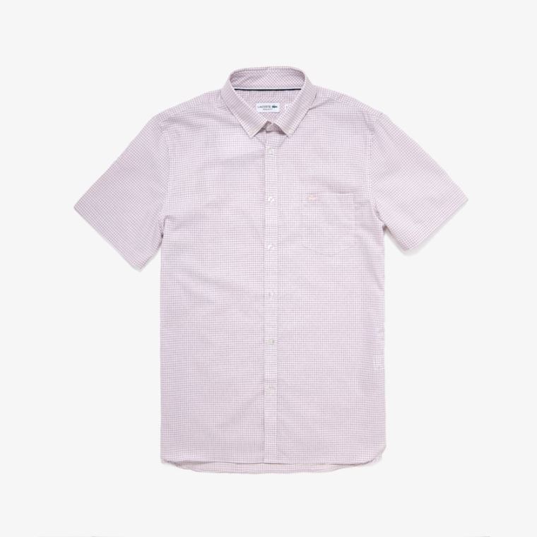 Lacoste Regular- Fit Checkered Bomulds Shirt Hvide Lyselyserød | fNttQSXz