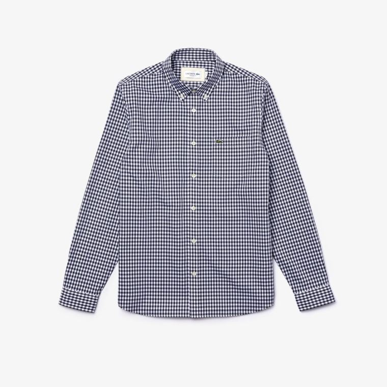 Lacoste Regular Fit Gingham Bomulds Poplin Shirt Hvide Mørkeblå Blå | ePn01GK5