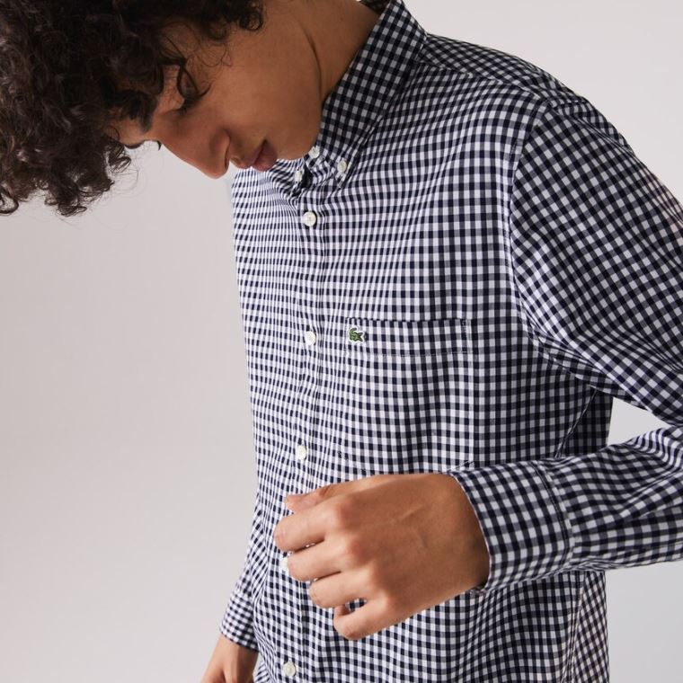 Lacoste Regular Fit Gingham Bomulds Poplin Shirt Hvide Mørkeblå Blå | ePn01GK5