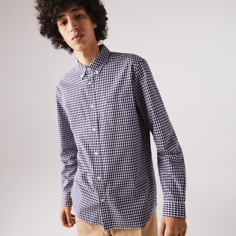 Lacoste Regular Fit Gingham Bomulds Poplin Shirt Hvide Mørkeblå Blå | ePn01GK5