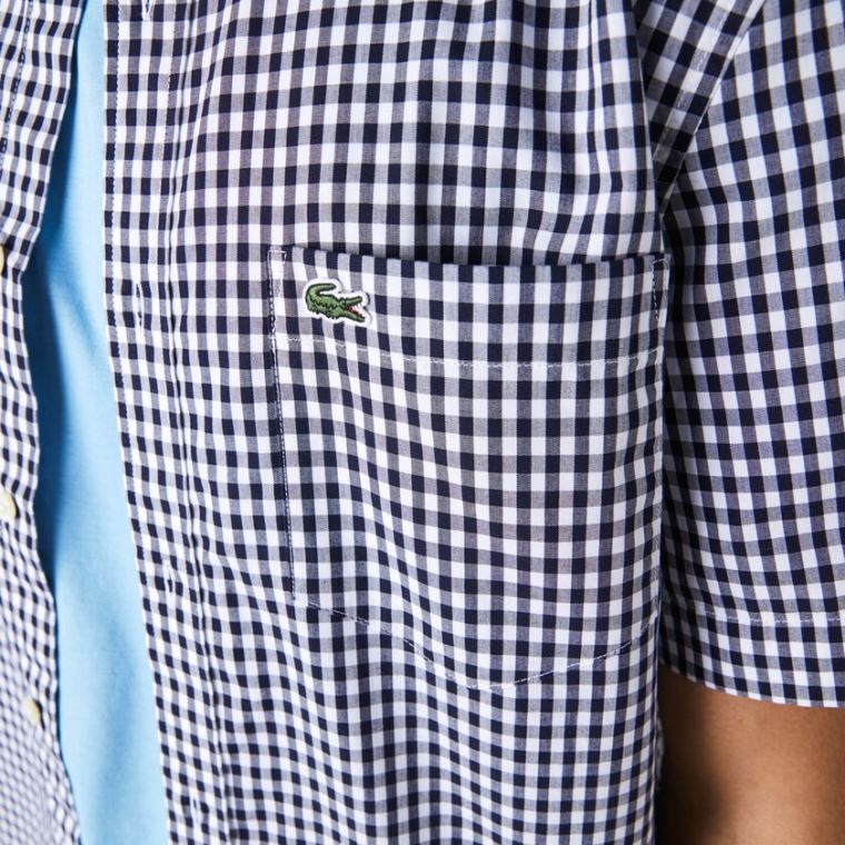 Lacoste Regular Fit Gingham Poplin Shirt Hvide Mørkeblå Blå | Av9FknTp