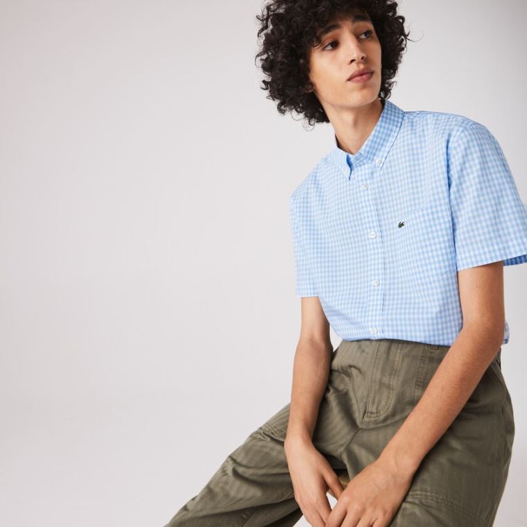 Lacoste Regular Fit Gingham Poplin Shirt Hvide Blå | wv3YhHRo