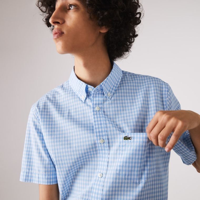 Lacoste Regular Fit Gingham Poplin Shirt Hvide Blå | wv3YhHRo