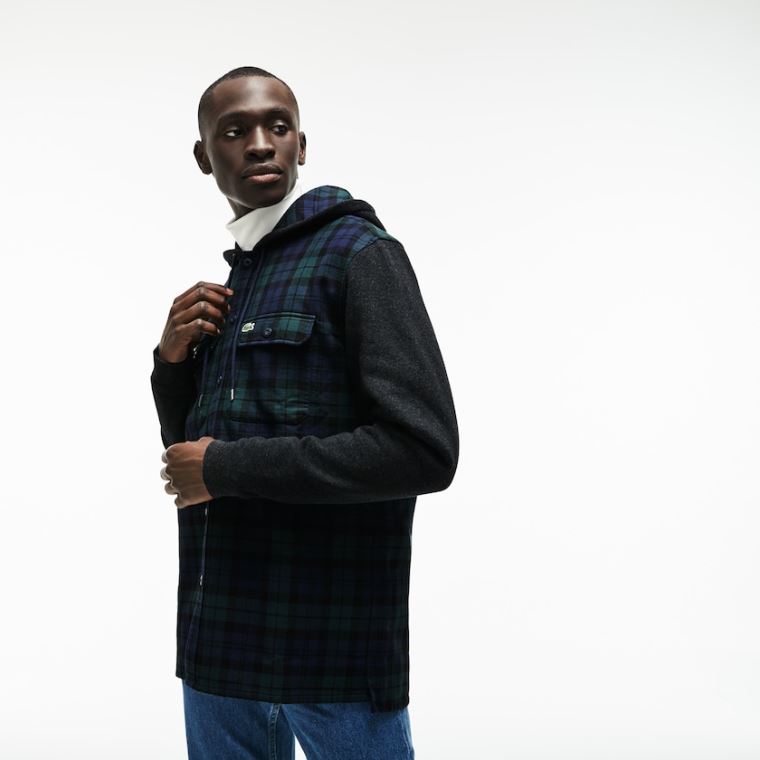 Lacoste Regular Fit Hætte Check Bomulds Flannel Shirt Grøn Hvide | VEaowXyH