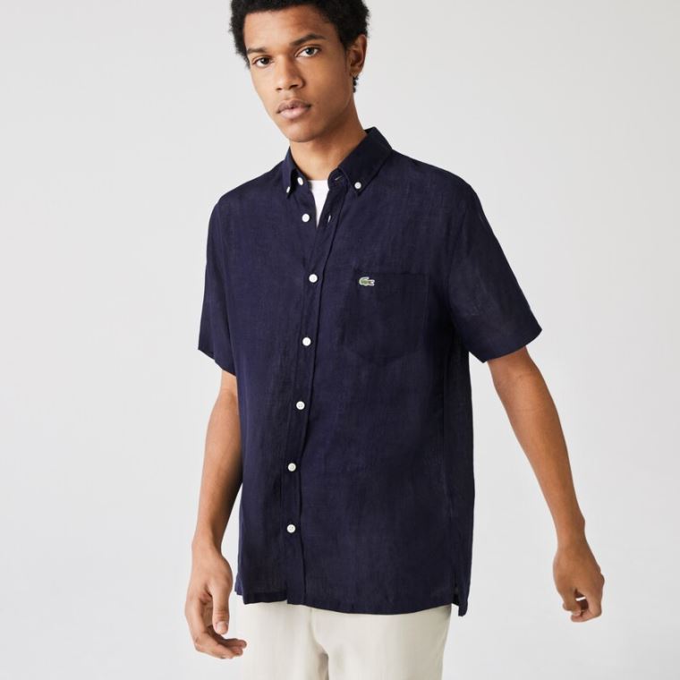 Lacoste Regular Fit Linen Shirt Mørkeblå Blå | 0JREmRon