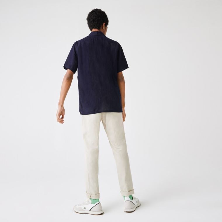 Lacoste Regular Fit Linen Shirt Mørkeblå Blå | 0JREmRon