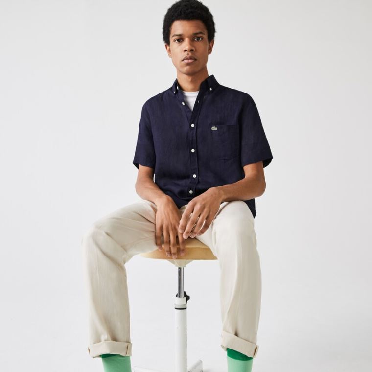 Lacoste Regular Fit Linen Shirt Mørkeblå Blå | 0JREmRon