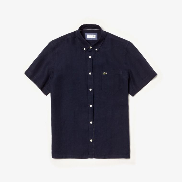 Lacoste Regular Fit Linen Shirt Mørkeblå Blå | 0JREmRon