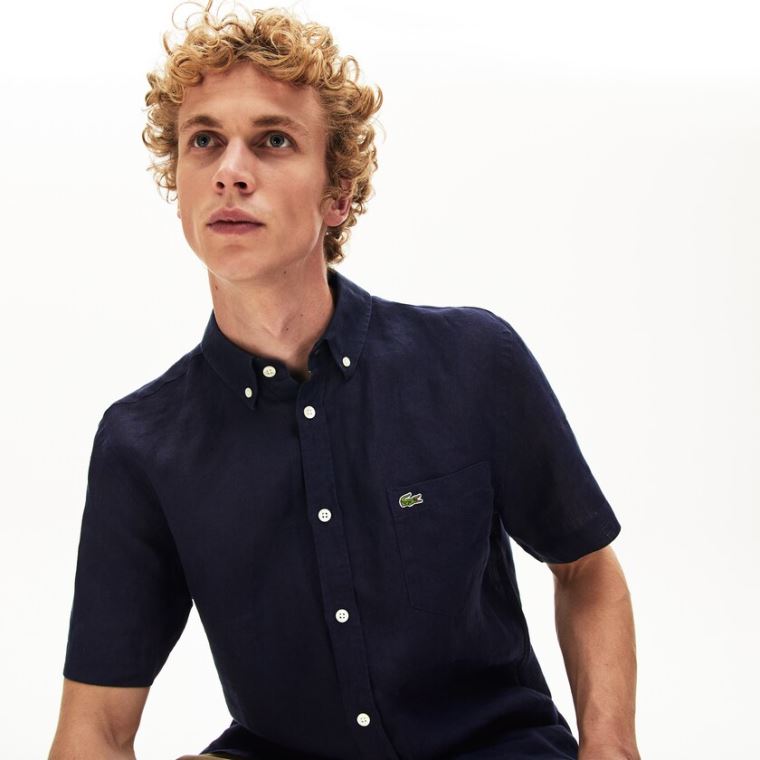 Lacoste Regular Fit Linen Shirt Mørkeblå Blå | 0JREmRon