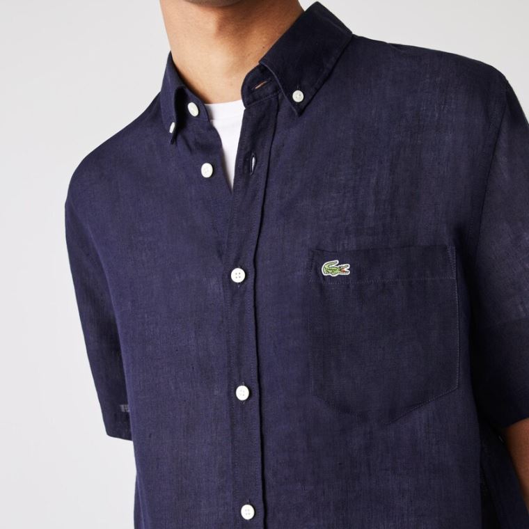 Lacoste Regular Fit Linen Shirt Mørkeblå Blå | 0JREmRon