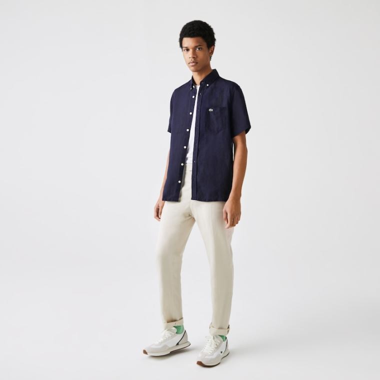 Lacoste Regular Fit Linen Shirt Mørkeblå Blå | 0JREmRon