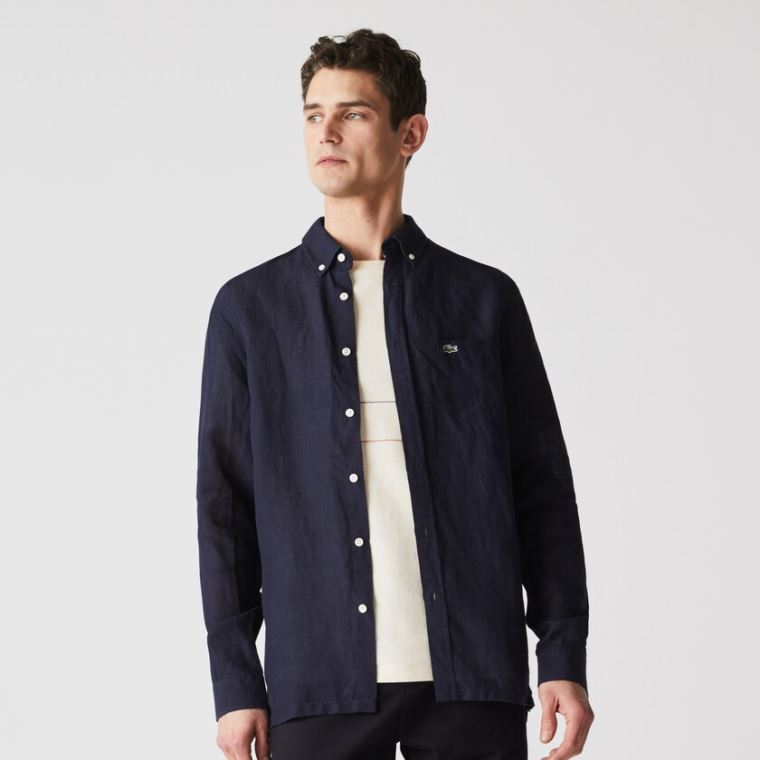 Lacoste Regular Fit Linen Shirt Mørkeblå Blå | yClQB25C