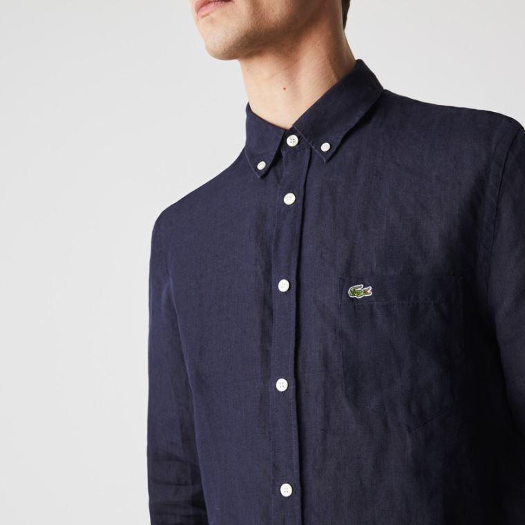 Lacoste Regular Fit Linen Shirt Mørkeblå Blå | yClQB25C