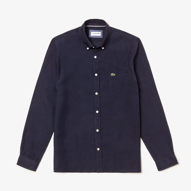 Lacoste Regular Fit Linen Shirt Mørkeblå Blå | yClQB25C