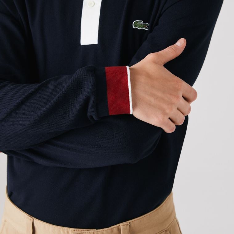 Lacoste Regular Fit Made in France Polo Shirt Mørkeblå Blå Hvide Mørkerød | Hyfne82B