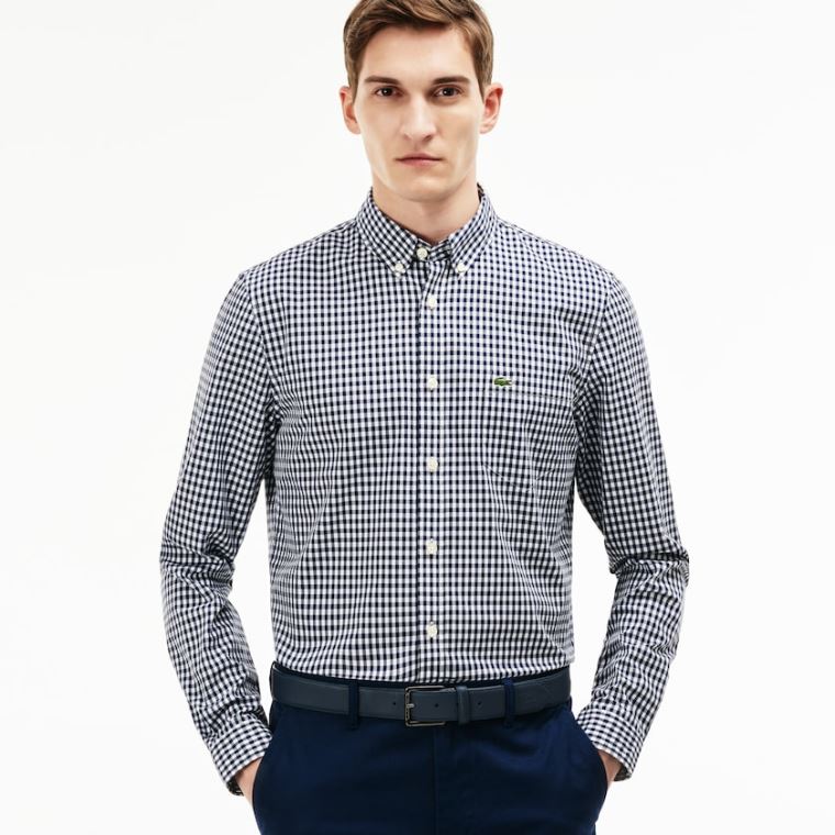 Lacoste Regular Fit Mini Check Poplin Shirt Mørkeblå Blå Hvide | zWtFaJdZ