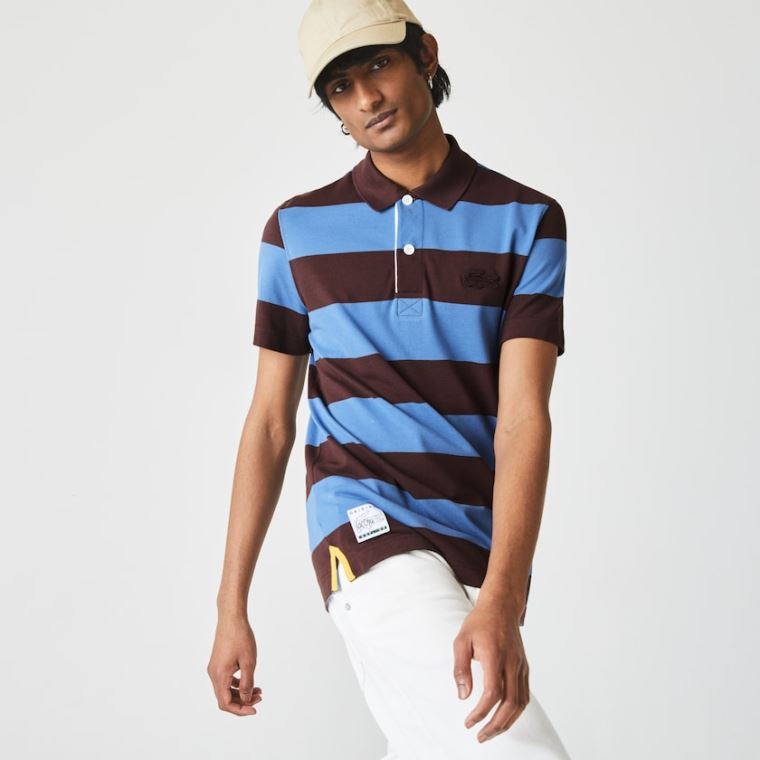 Lacoste Regular Fit Striped Bomulds Piqué Polo Shirt Brune Blå | VmQ9afCl