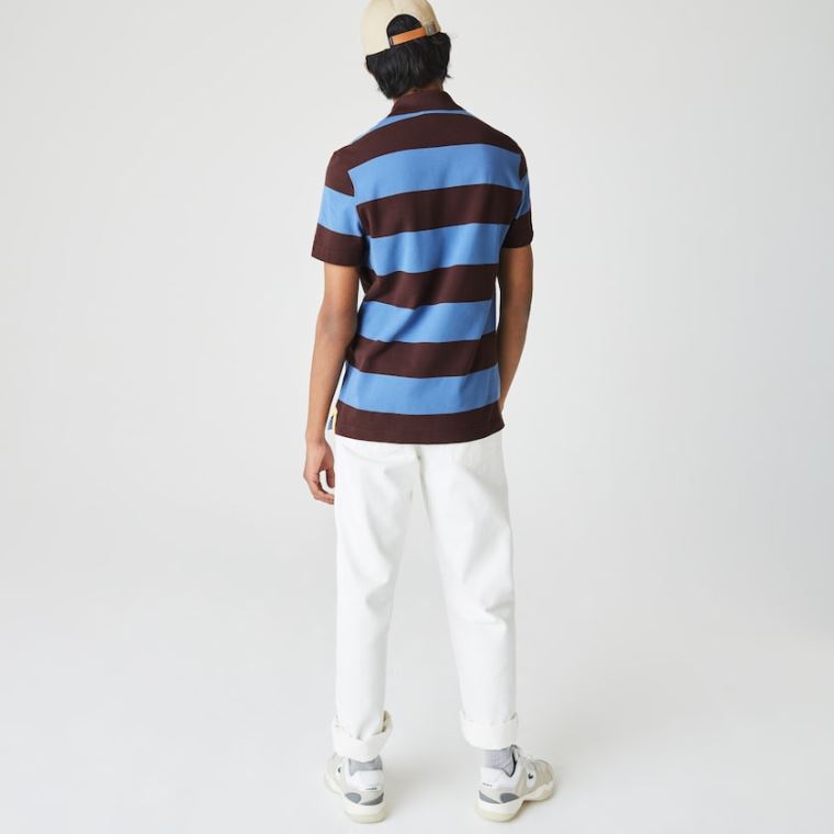 Lacoste Regular Fit Striped Bomulds Piqué Polo Shirt Brune Blå | VmQ9afCl