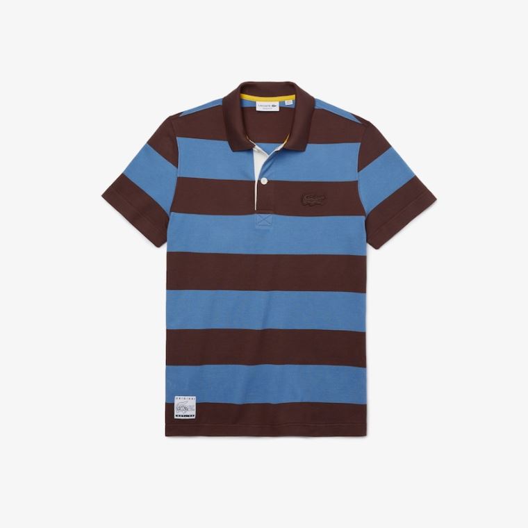 Lacoste Regular Fit Striped Bomulds Piqué Polo Shirt Brune Blå | VmQ9afCl