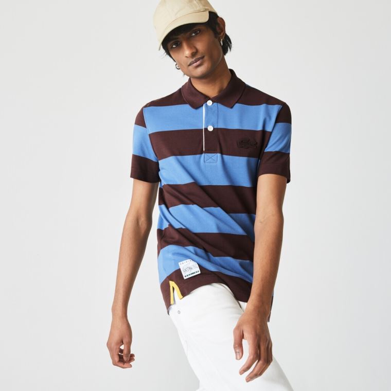 Lacoste Regular Fit Striped Bomulds Piqué Polo Shirt Brune Blå | We2r4MfO