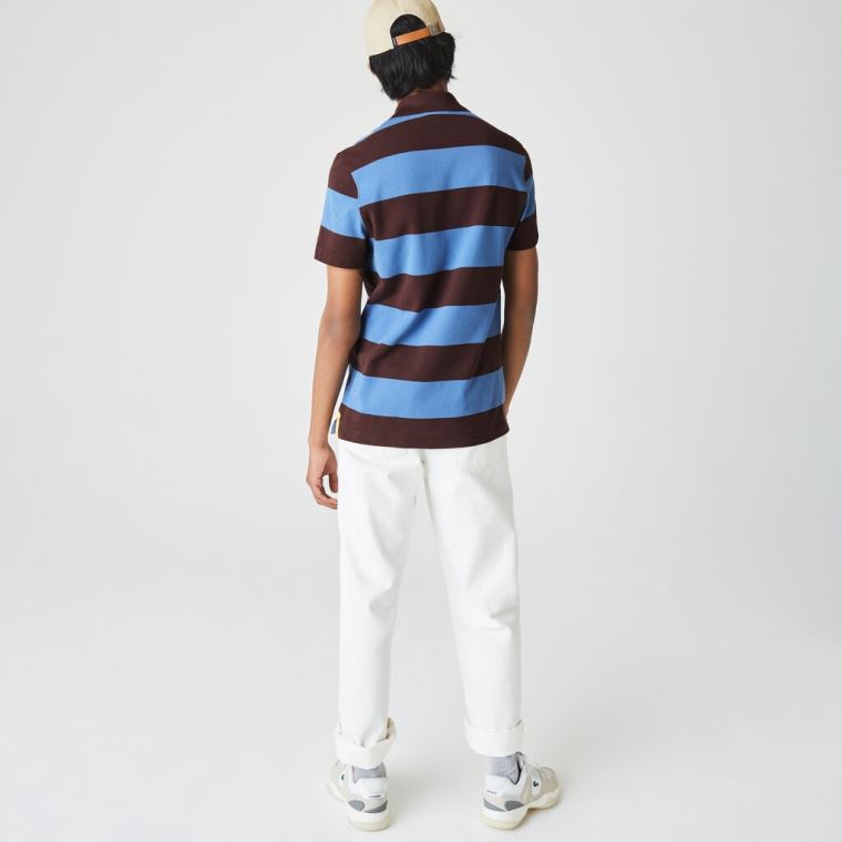 Lacoste Regular Fit Striped Bomulds Piqué Polo Shirt Brune Blå | We2r4MfO