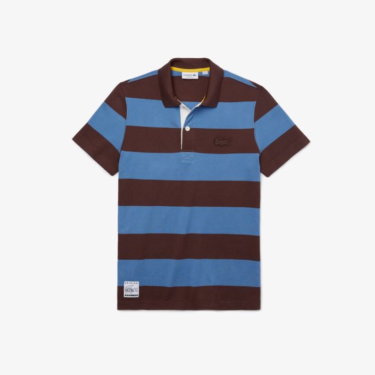 Lacoste Regular Fit Striped Bomulds Piqué Polo Shirt Brune Blå | We2r4MfO