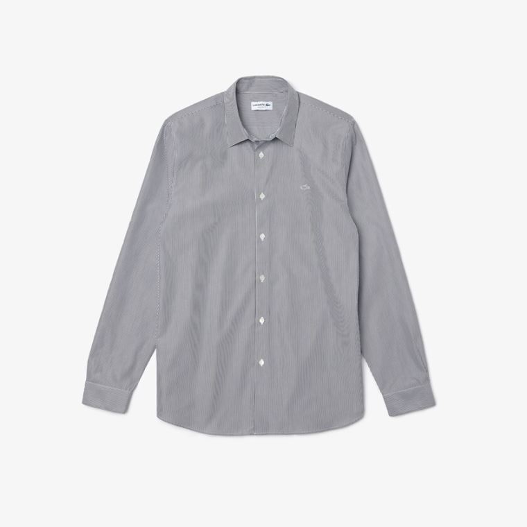 Lacoste Regular Fit Striped Bomulds Poplin Shirt Hvide Sort | OEymYAsP