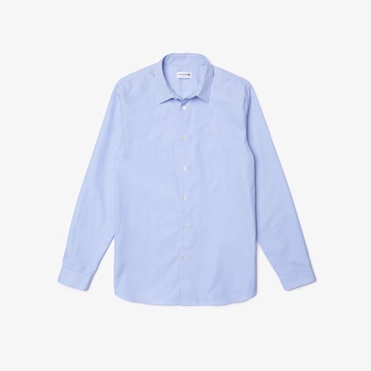 Lacoste Regular Fit Striped Bomulds Poplin Shirt Hvide Blå | wNgERcll