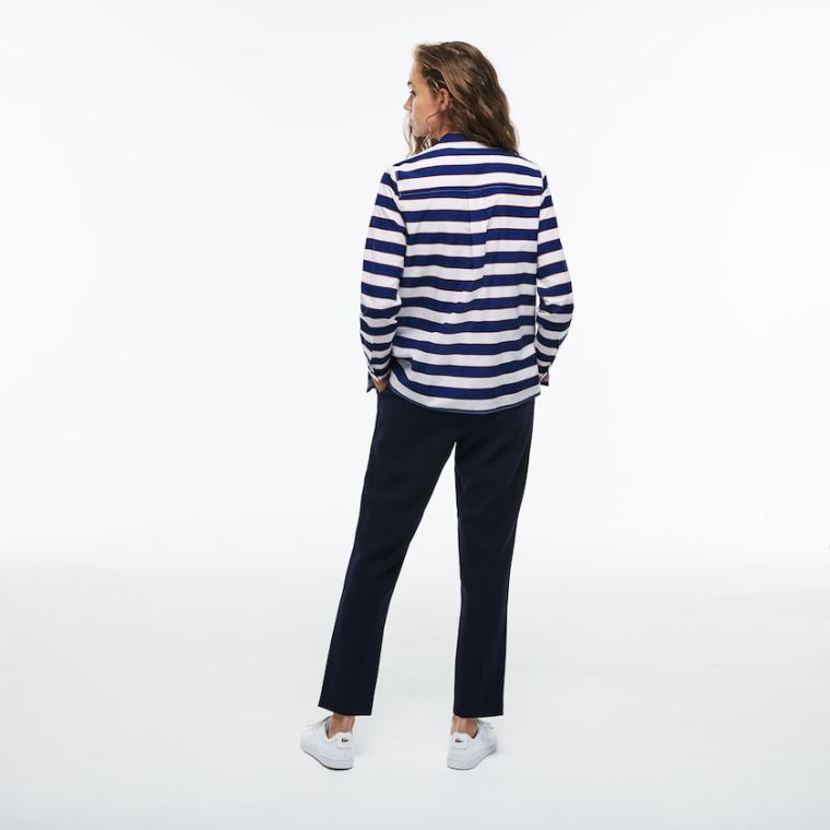 Lacoste Regular Fit Striped Bomulds & Silk Voile Shirt Hvide Mørkeblå Blå Rød | q6jfH4rG