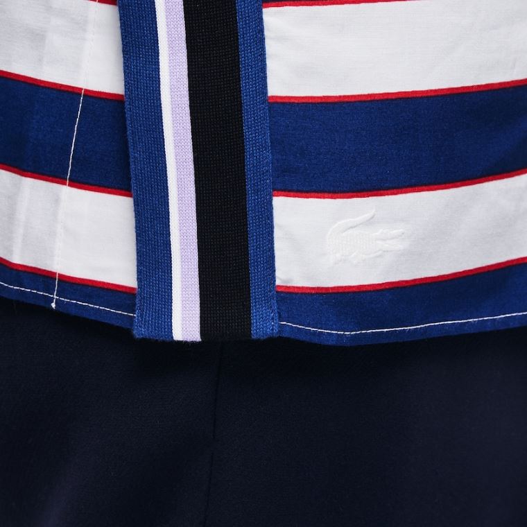 Lacoste Regular Fit Striped Bomulds & Silk Voile Shirt Hvide Mørkeblå Blå Rød | q6jfH4rG