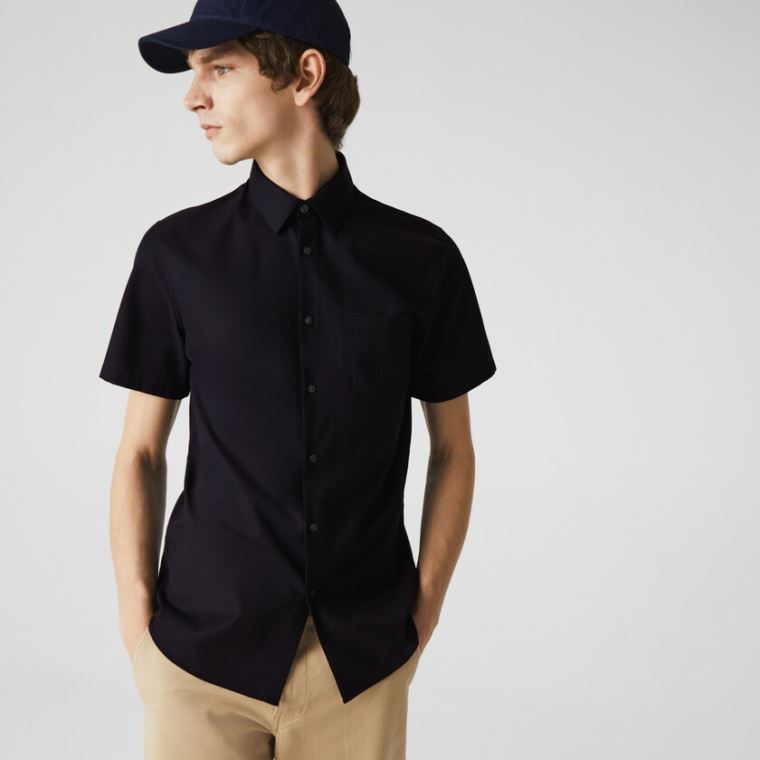 Lacoste Regular Fit Textured Bomulds Poplin Shirt Mørkeblå Blå | fHABfQ8Z