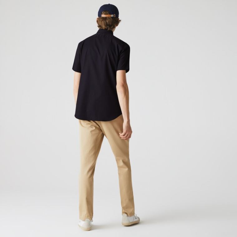 Lacoste Regular Fit Textured Bomulds Poplin Shirt Mørkeblå Blå | fHABfQ8Z