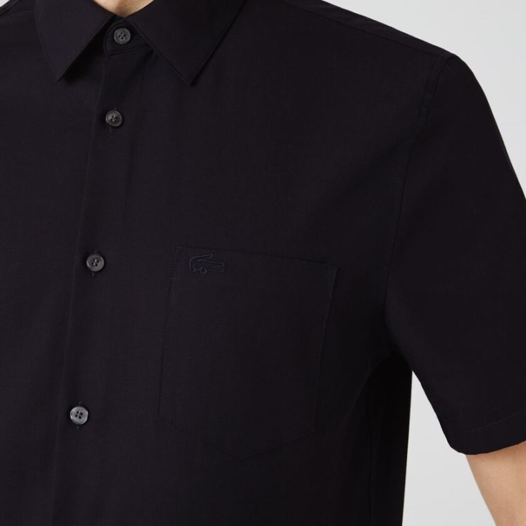 Lacoste Regular Fit Textured Bomulds Poplin Shirt Mørkeblå Blå | fHABfQ8Z