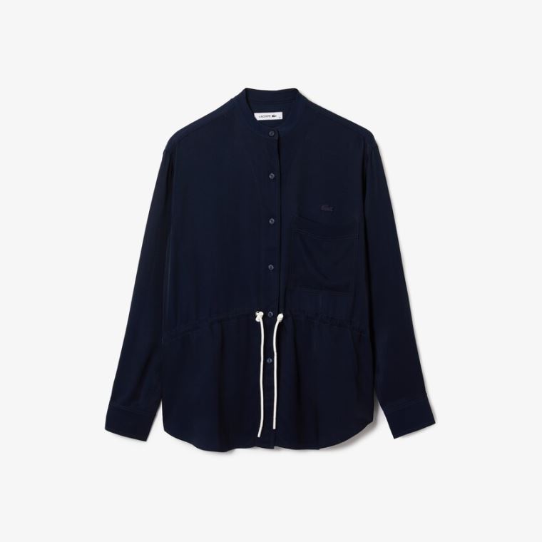 Lacoste Relaxed Fit Adjustable Talje Flowy Mao Collar Shirt Mørkeblå Blå | C15zyEfi