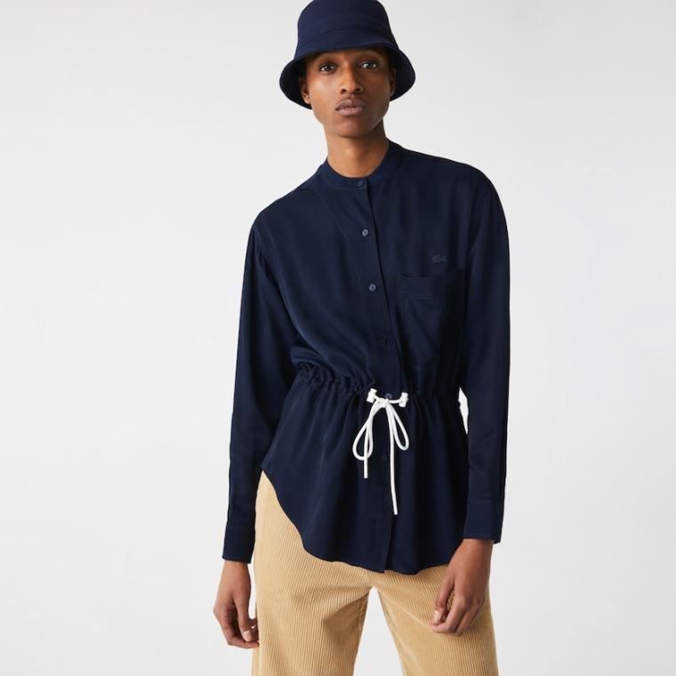 Lacoste Relaxed Fit Adjustable Talje Flowy Mao Collar Shirt Mørkeblå Blå | C15zyEfi