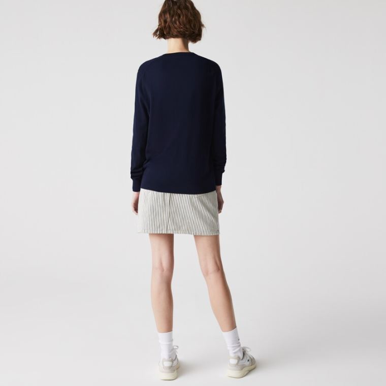 Lacoste Relaxed V-Neck Organic Bomulds Sweater Mørkeblå Blå | rUxoYcWh