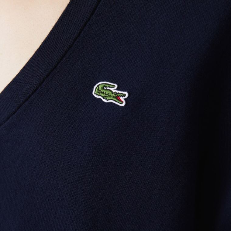 Lacoste Relaxed V-Neck Organic Bomulds Sweater Mørkeblå Blå | rUxoYcWh