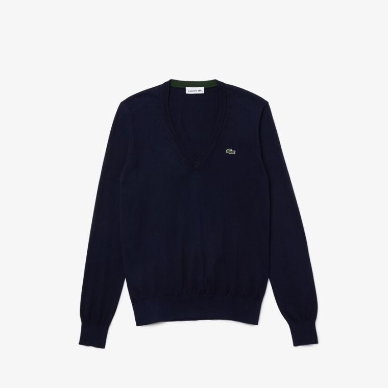 Lacoste Relaxed V-Neck Organic Bomulds Sweater Mørkeblå Blå | rUxoYcWh